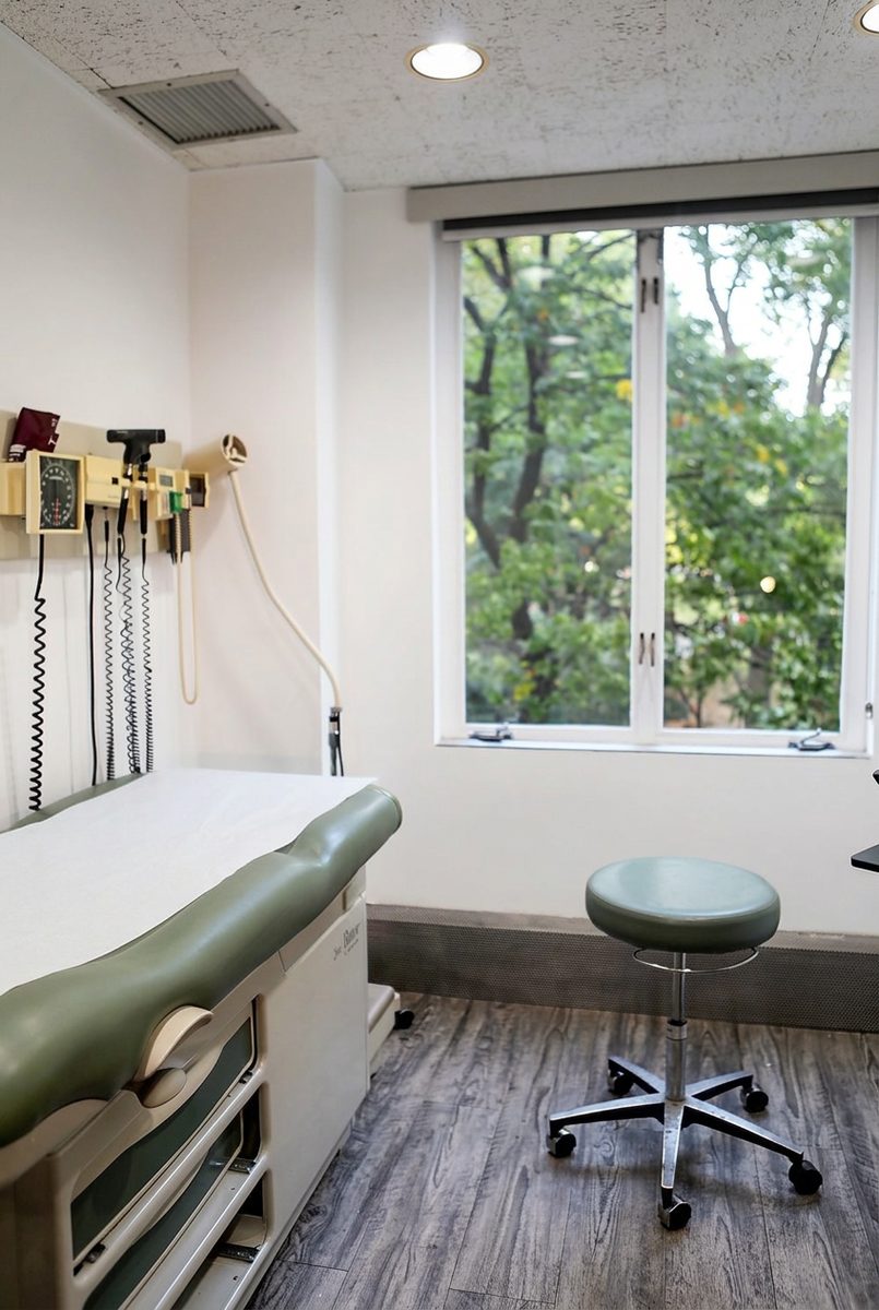 Exam room at Éblouissant with a window onto the trees of Washington Square Park
